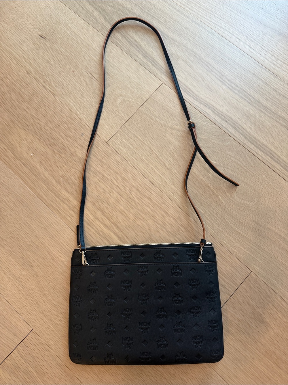 MCM Aren Logo Embossed Black Leather Pouch, like new!